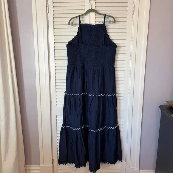 Ann Taylor Smocked Scalloped Tiered Maxi Dress XL navy blue white ruffle - Picture 6 of 10